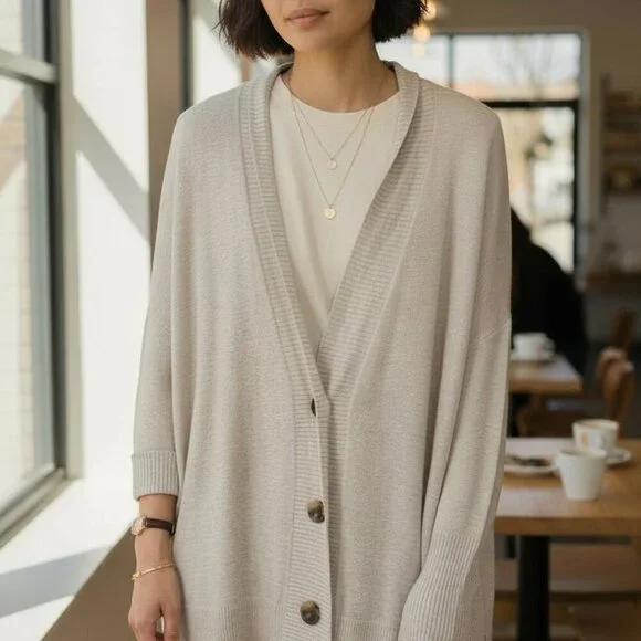 Chelsea28 Oatmeal Heather Oversized Button Cardigan Brown Buttons M/L NWOT - Picture 6 of 6